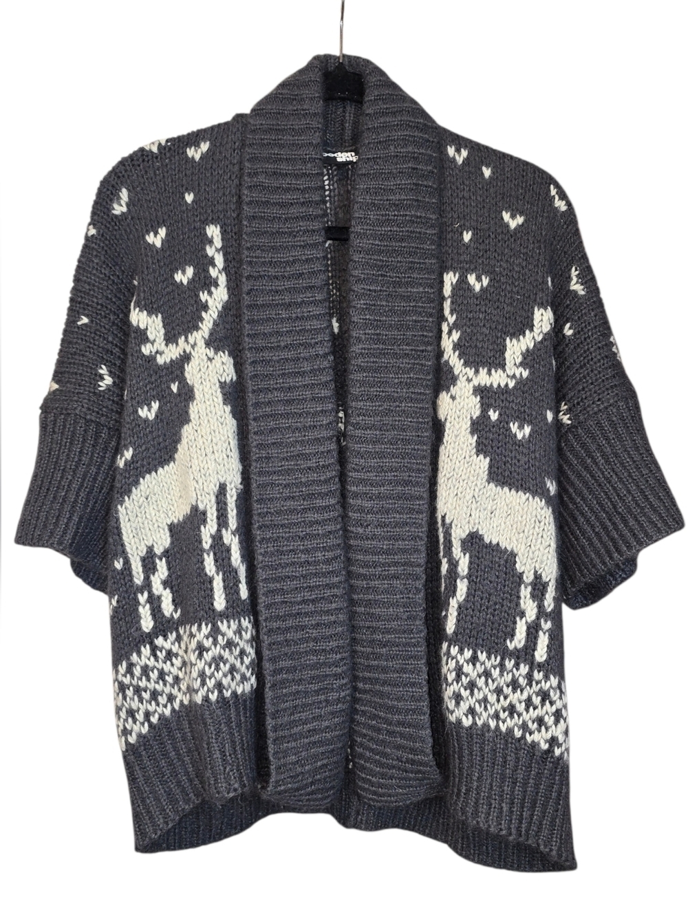 Wooden Ships Wool Blend Open Front Short Sleeve Deer Cardigan Sweater Size M/L